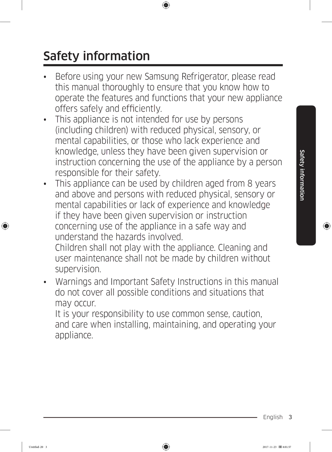 Samsung BRB260130WW/EF, BRB260034WW/EF, BRB260030WW/EF, BRB260176WW/EF, BRB260131WW/EF manual Safety information, English  